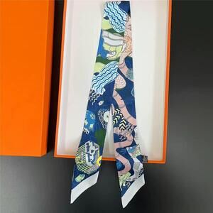 Luxury Style Abstract Wave Print Silky Skinny Bag or Neck Scarf Dark blue